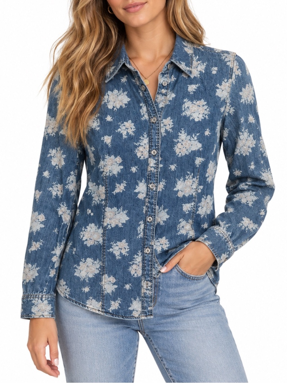 Nine West Floral Denim Button Down Shirt Womens Size Medium Blue